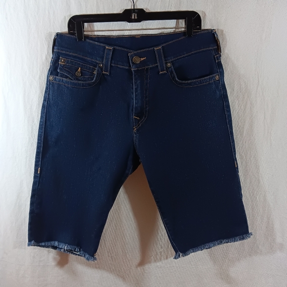 True Religion Mens 34 Shorts Blue Jean Ricky Relaxed Flap Straight